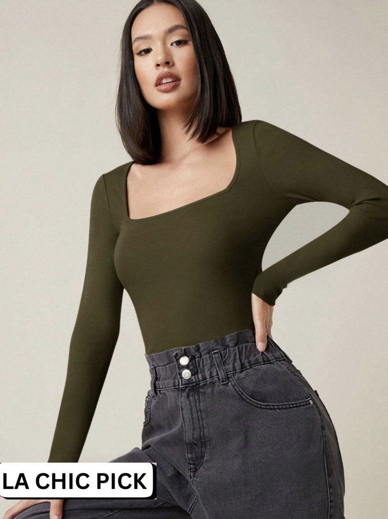 Elly Olive Square Neck Long Sleeves Bodysuit - Image 3